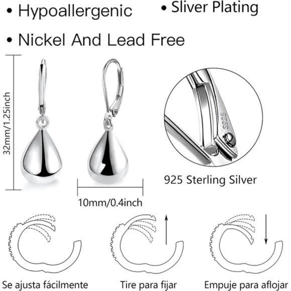 Sterling Silver Teardrop Dangle Earrings Leverback Hypoallergenic Jewelry - Picture 4 of 7
